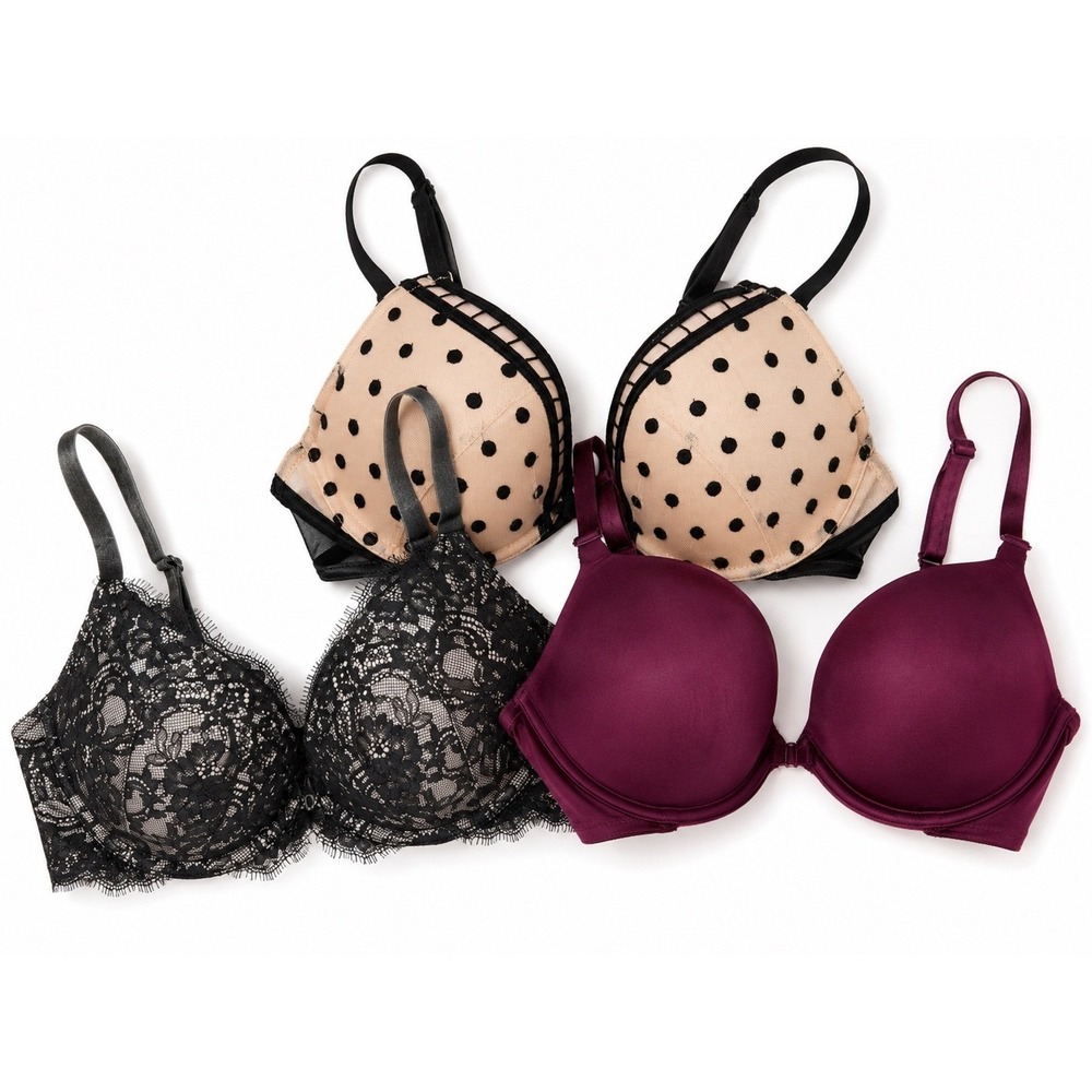 Victoria's Secret Bra Bundle 3 Pc 32DD Push Up Lace Polka Dot Burgundy